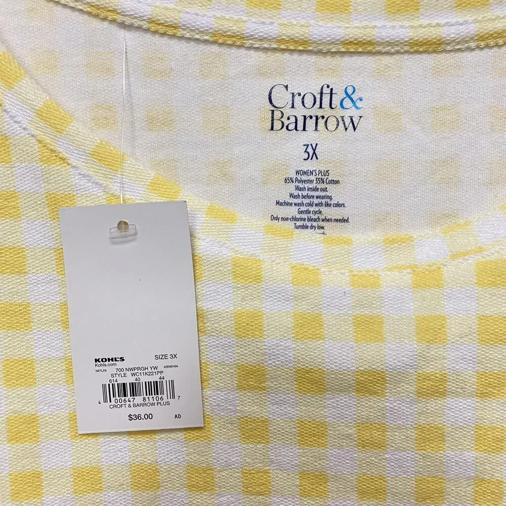 Croft & Barrow Top Womens 3X Yellow White Long Sleeved Sweater Blouse Casual